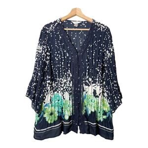 CJ Banks Floral Dot Button Front Top Blouse 3/4 Sleeve Sheer Crochet Trim 1X